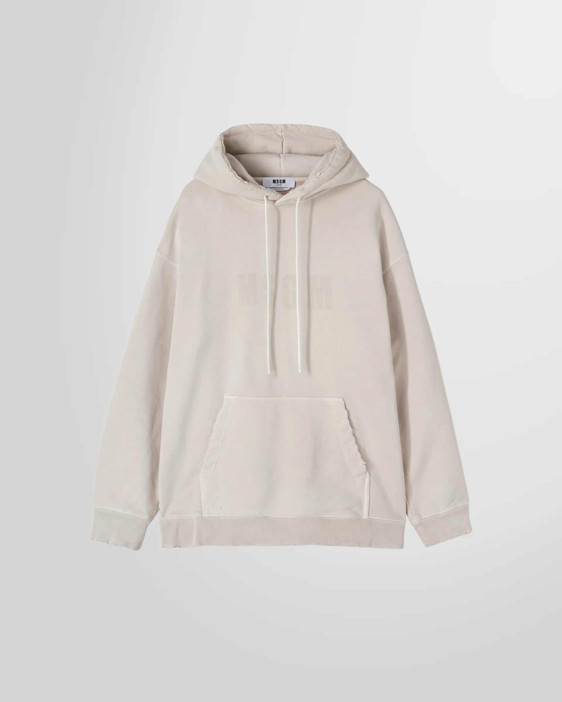 Front view of the MSGM Distressed Logo Hoodie in ash grey cotton.