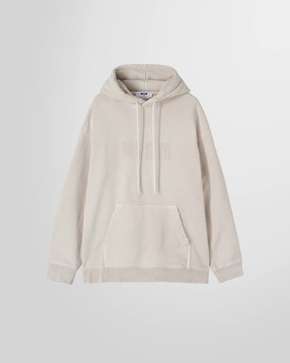 Front view of the MSGM Distressed Logo Hoodie in ash grey cotton.