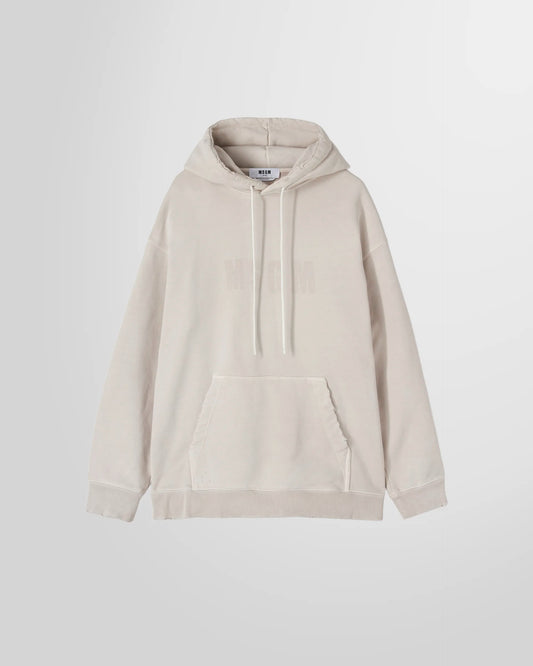 Front view of the MSGM Distressed Logo Hoodie in ash grey cotton.
