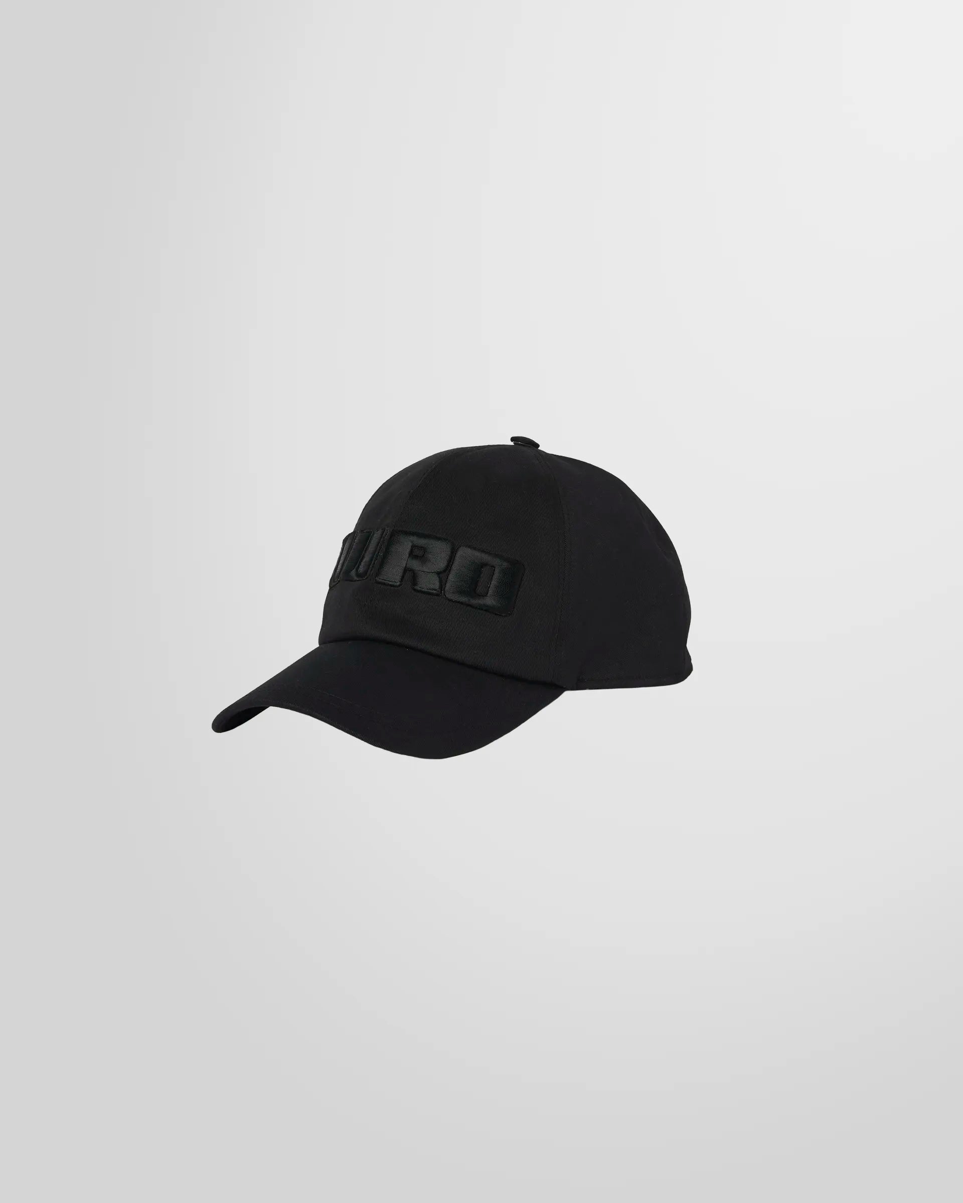 Front view of the black MSGM baseball cap with 'duro' embroidered in contrast thread.