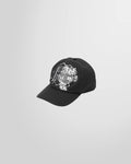 Front view of the black MSGM M Mascot cap, showing the embroidered tiger graphic.