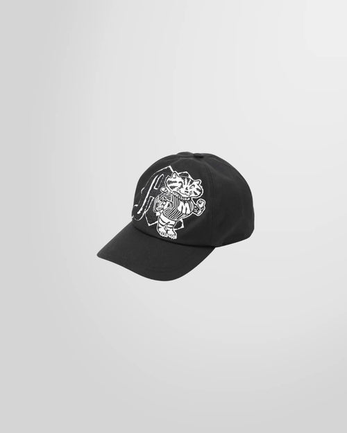 Front view of the black MSGM M Mascot cap, showing the embroidered tiger graphic.