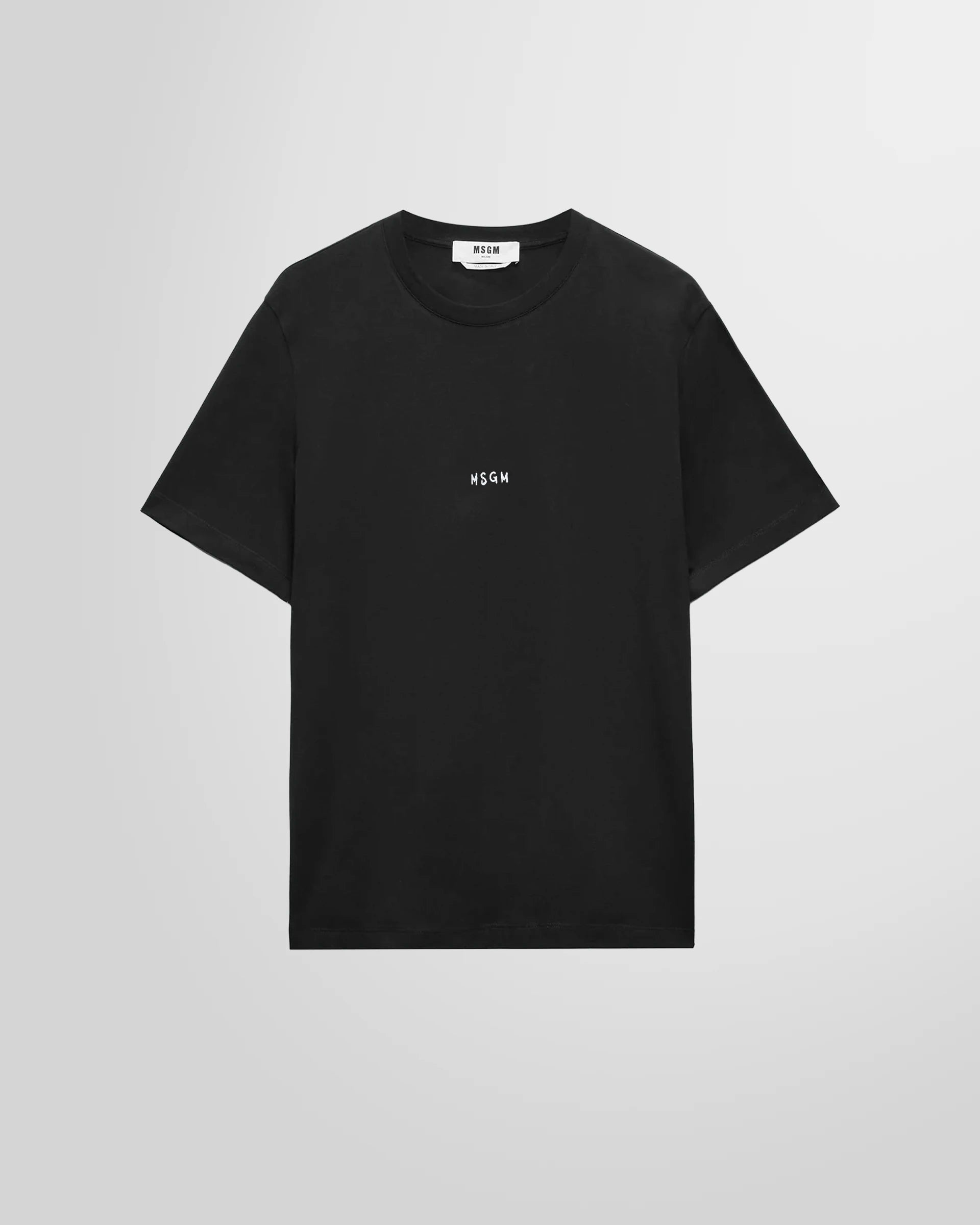 Front view of the black MSGM t-shirt with the micro logo on the chest.