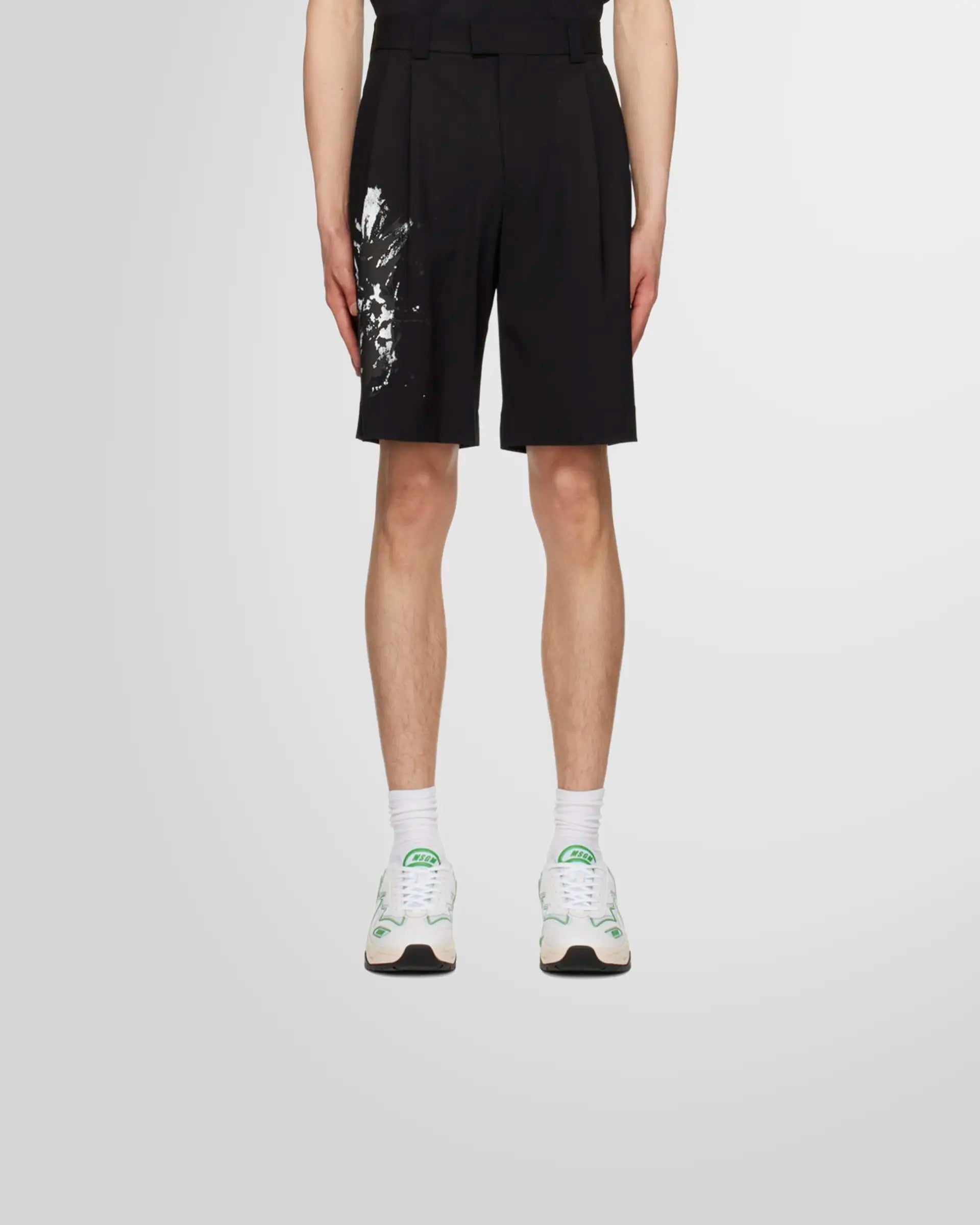 Model wearing black tailored bermuda shorts from Msgm