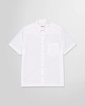 Front view of the Nanushka Adam short sleeve shirt in white cotton poplin with chest pocket and logo embroidery.