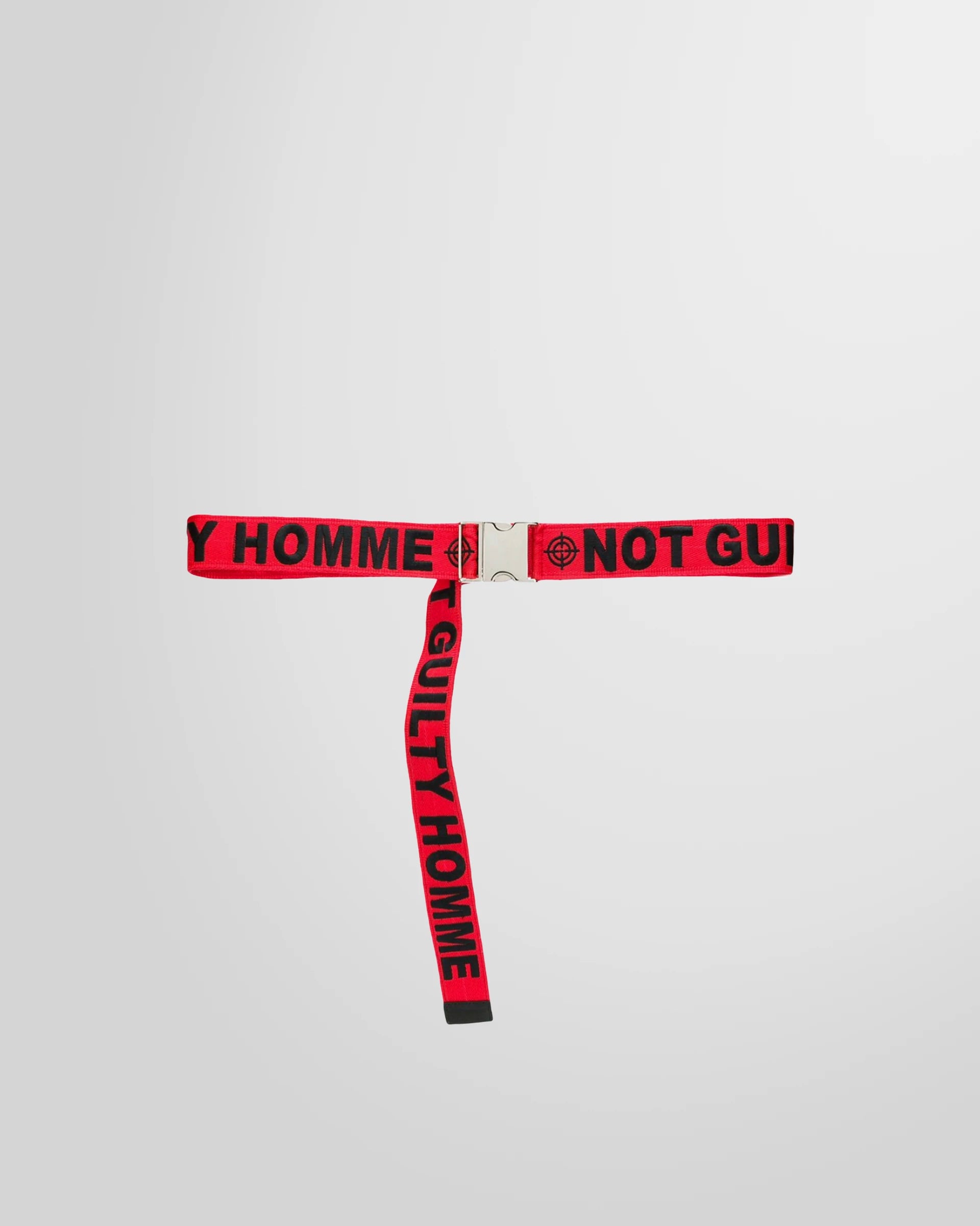 Red Not Guilty Homme belt with black embroidered logos and silver buckle.