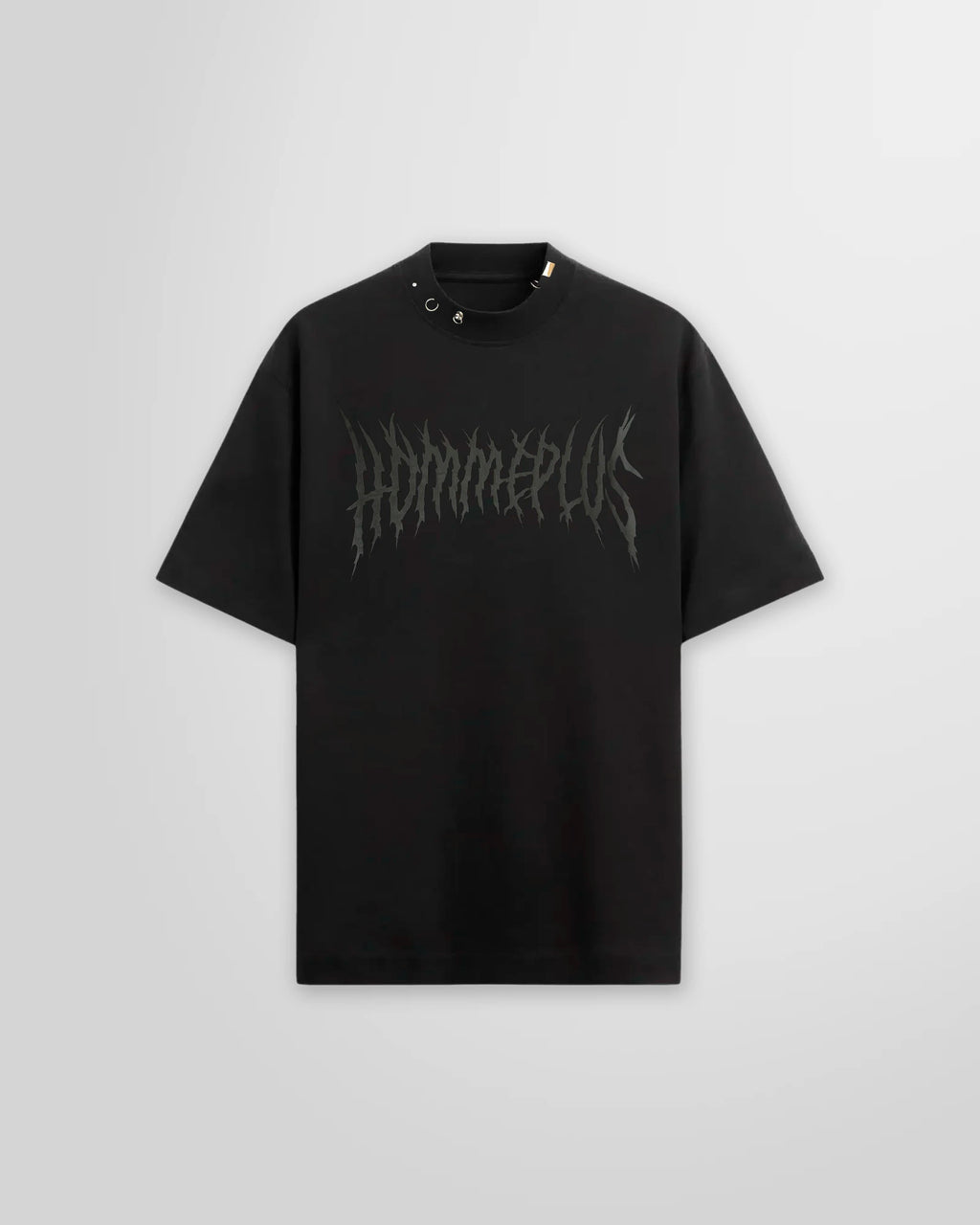 Front view of the Black metal printed t-shirt from Not Guilty Homme.