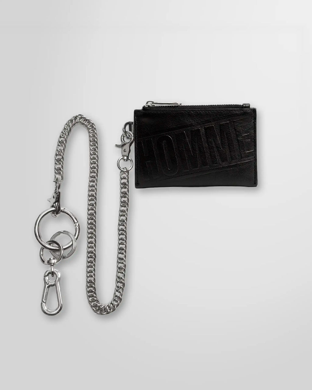 Front view of the Not Guilty Homme leather wallet with chain and keyring in silver tone metal