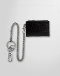 Front view of the Not Guilty Homme leather wallet with chain and keyring in silver tone metal