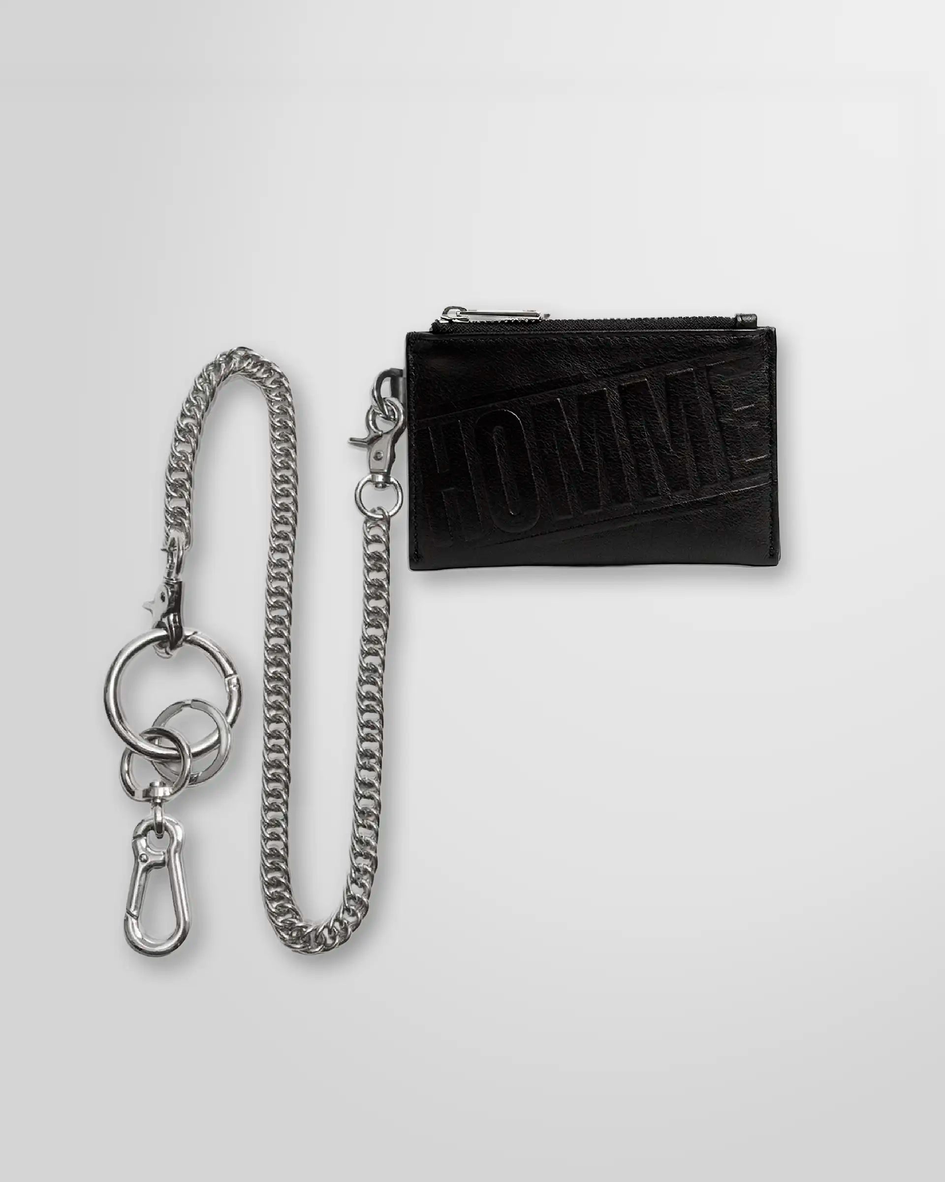 Front view of the Not Guilty Homme leather wallet with chain and keyring in silver tone metal