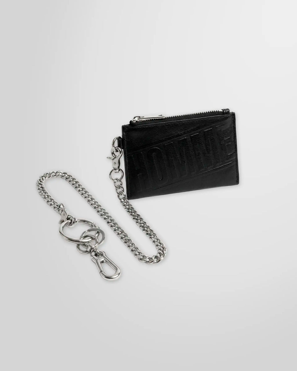 The black leather wallet with keyring chain from Not Guilty Homme from a side full view.