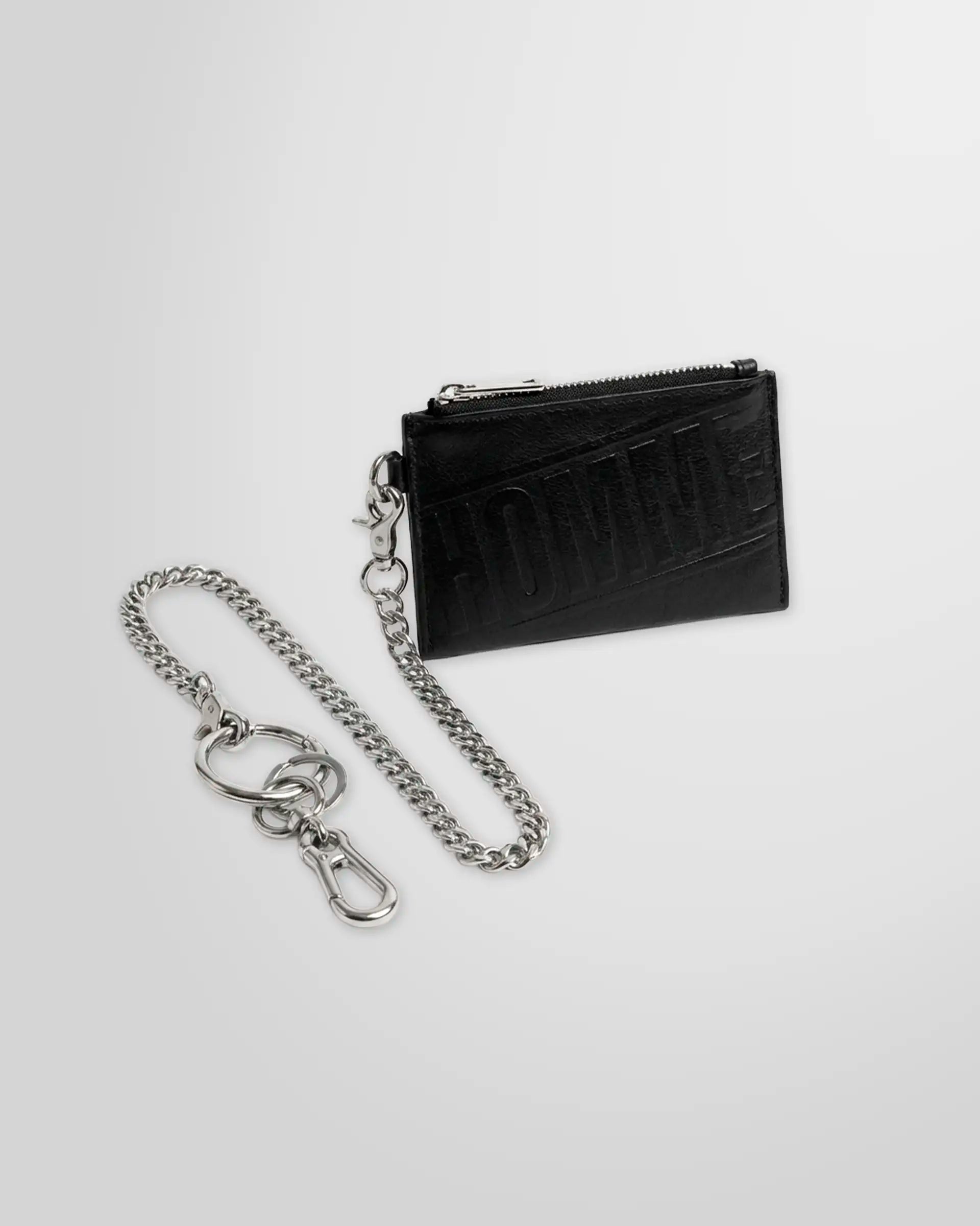 The black leather wallet with keyring chain from Not Guilty Homme from a side full view.