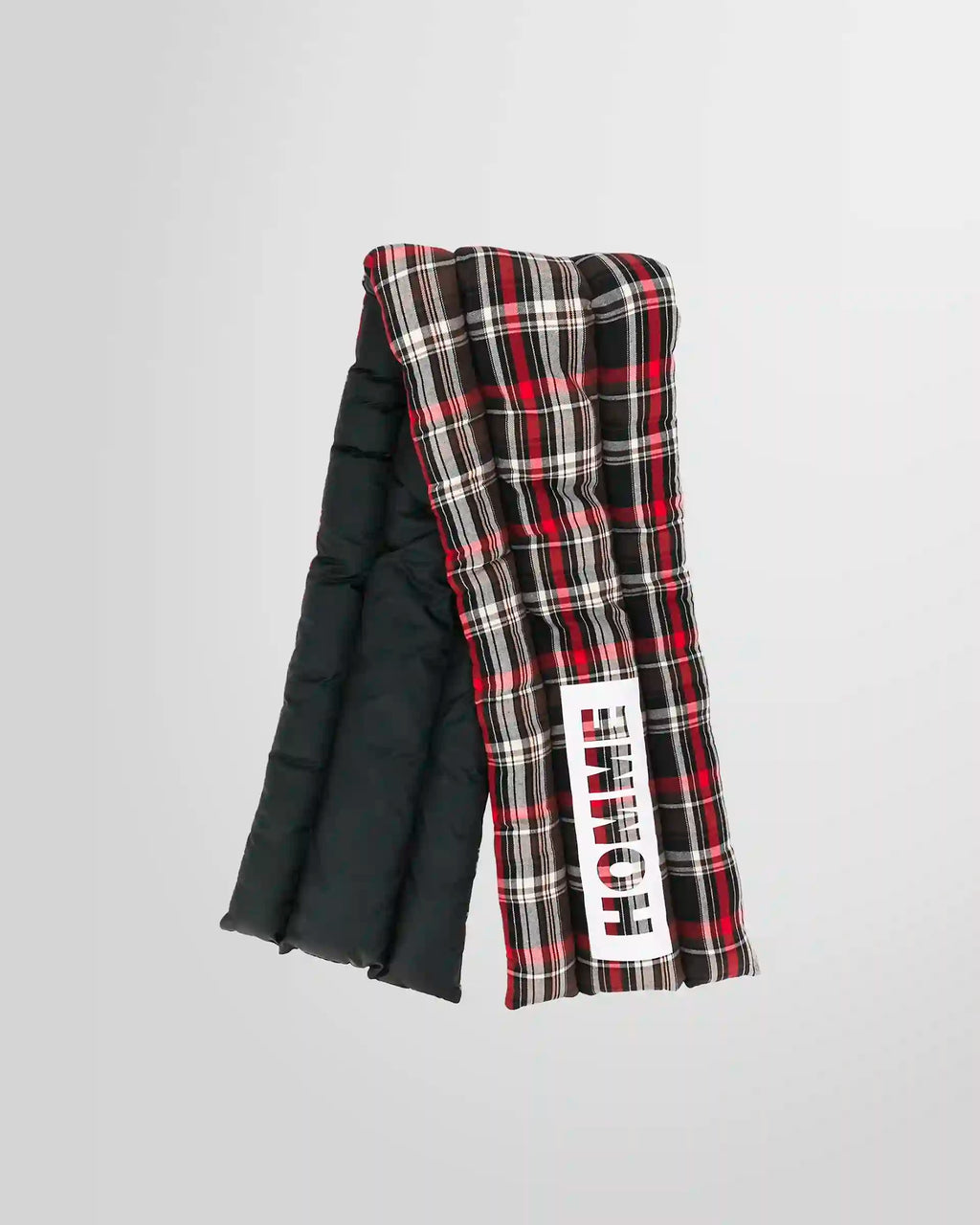 Front view of the Not Guilty Homme padded scarf with plaid face and logo printed.