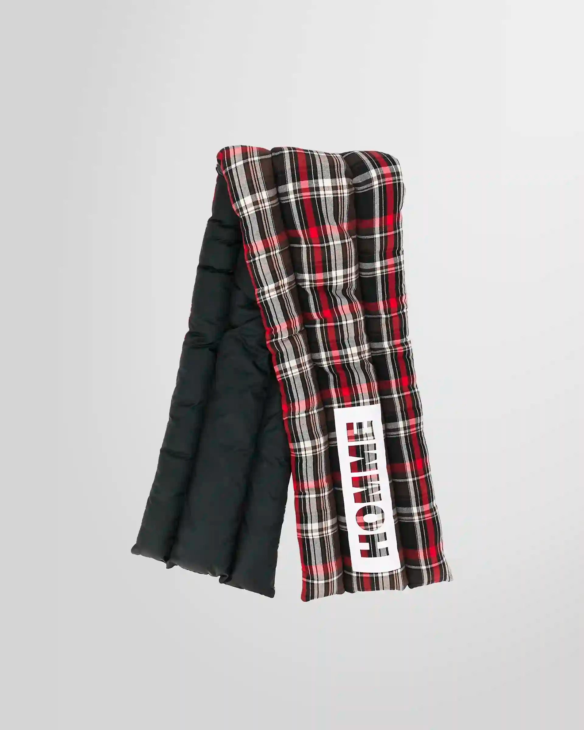 Front view of the Not Guilty Homme padded scarf with plaid face and logo printed.