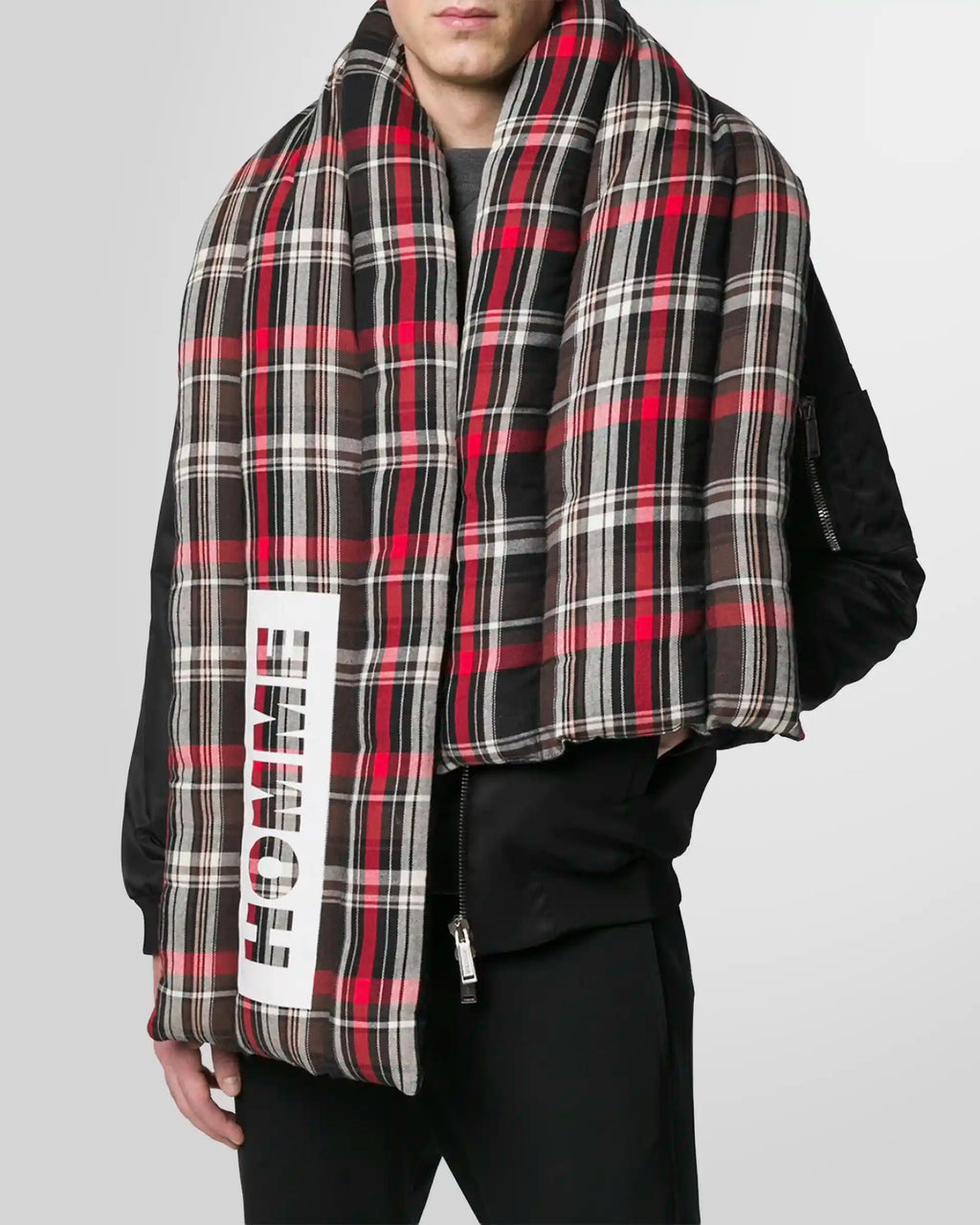 Model wearing the Not Guilty Homme red checked padded scarf.