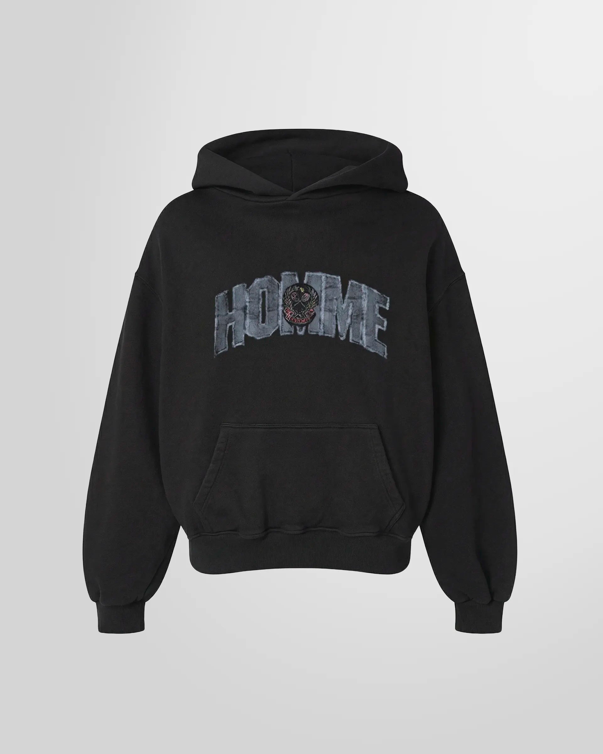 Front view of the Not Guilty Homme College Hoodie in black with varsity HOMME graphic.