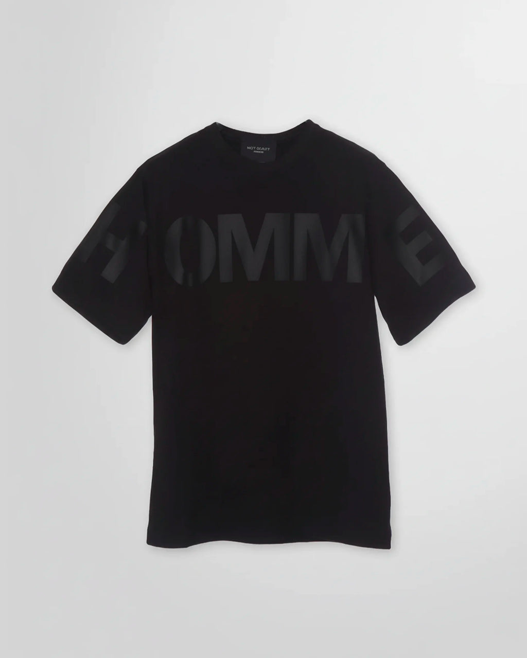 Front view of the Not Guilty Homme graphic t-shirt in black, showcasing the relaxed fit and tonal 'HOMME' print.