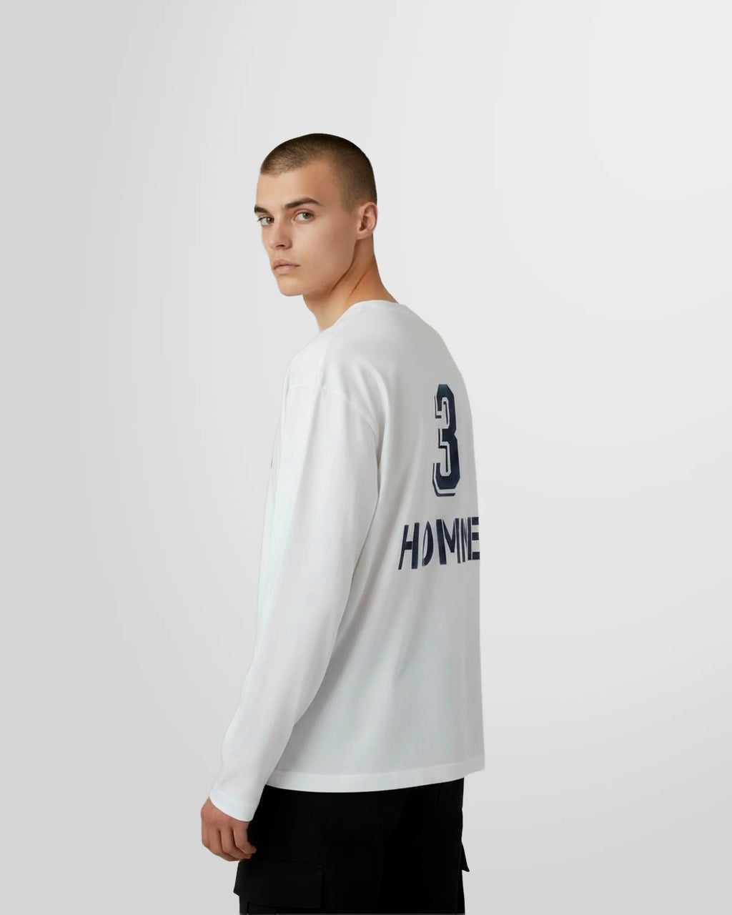 Side back view of the long sleeve t‑shirt in white.
