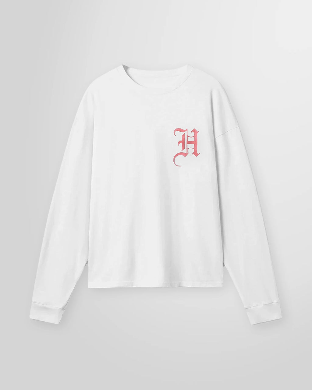Front view of the Not Guilty Homme white Initial Printed long sleeve t‑shirt.