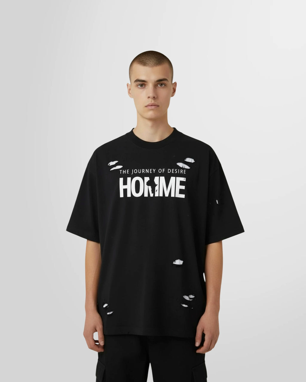 Model wearing the Not Guilty Homme Journey Printed T‑Shirt in black with distressed details.