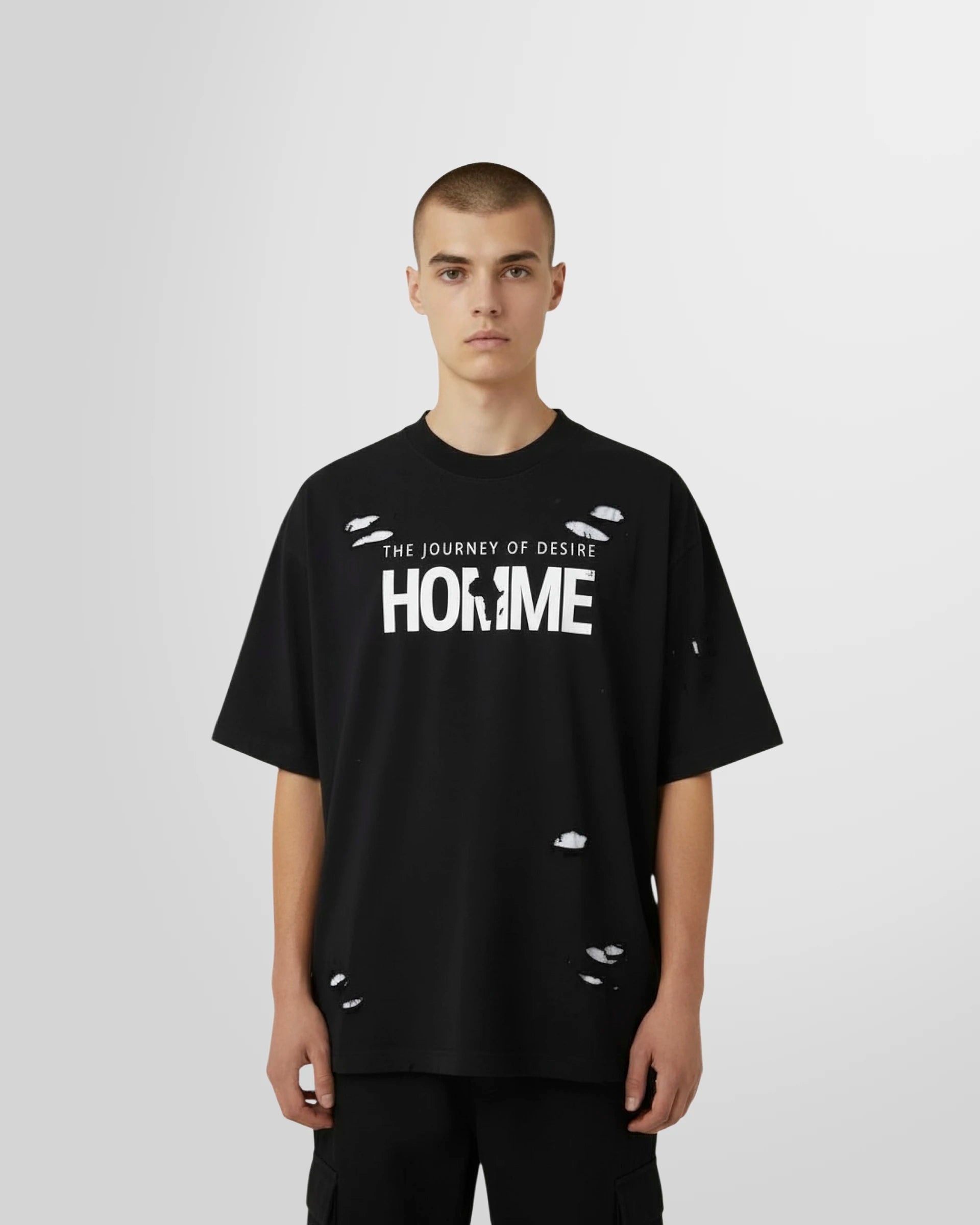 Model wearing the Not Guilty Homme Journey Printed T‑Shirt in black with distressed details.