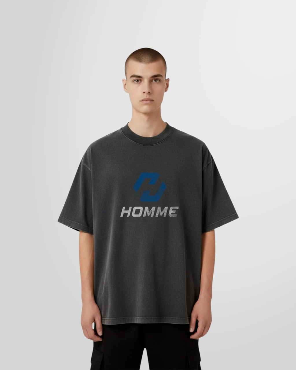 Model wearing the Not Guilty Homme Sport Logo Printed T-Shirt in vintage black with blue and white print
