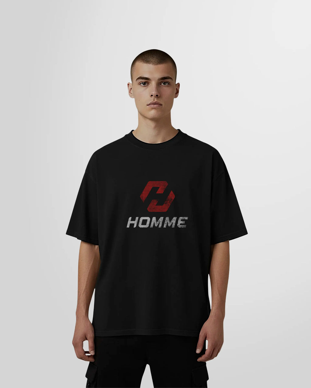 Model wearing the Not Guilty Homme Sport Logo Printed T-Shirt in black with red and white print in front.