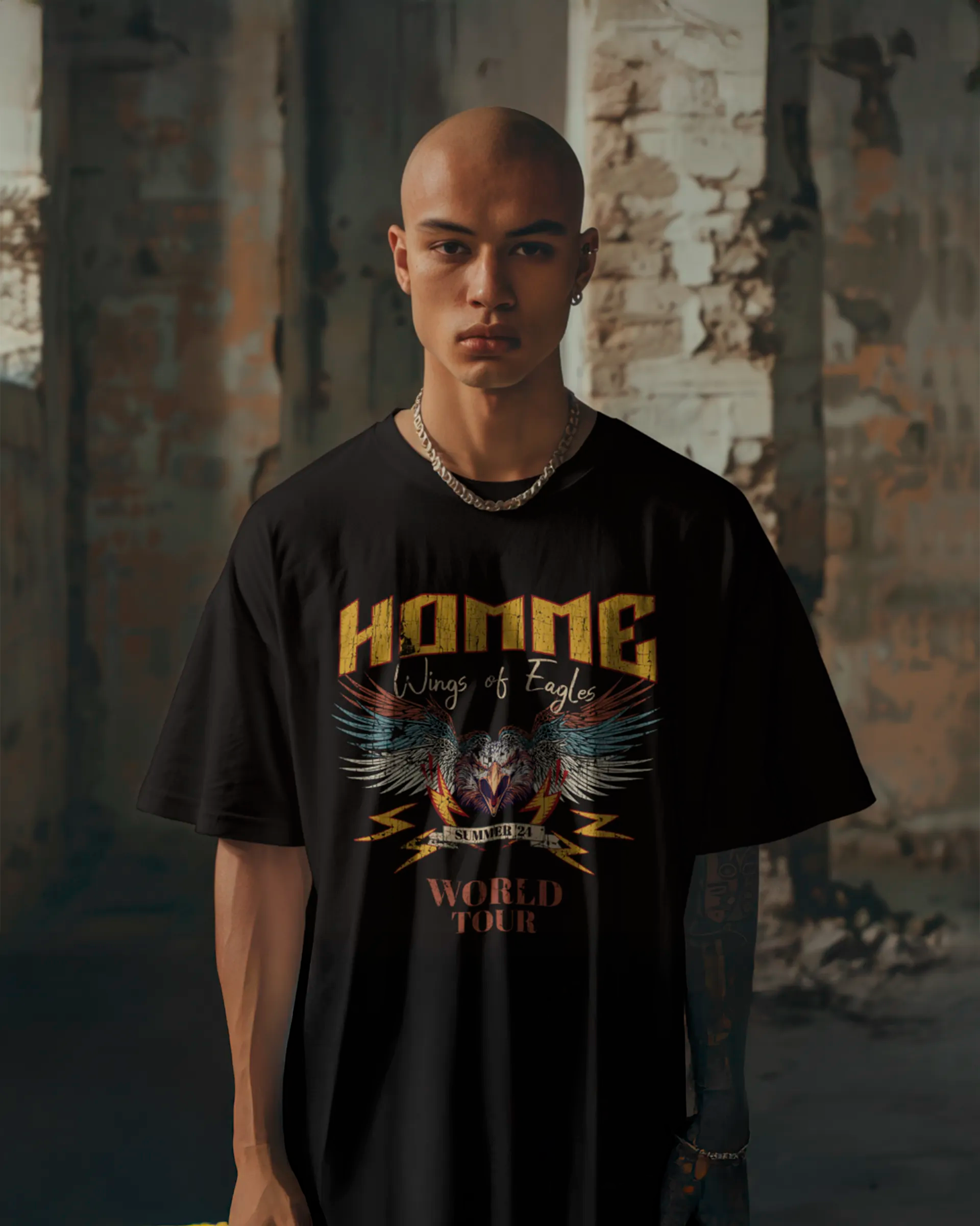 Model wearing Homme T-shirt from Not Guilty Homme SS25 collection