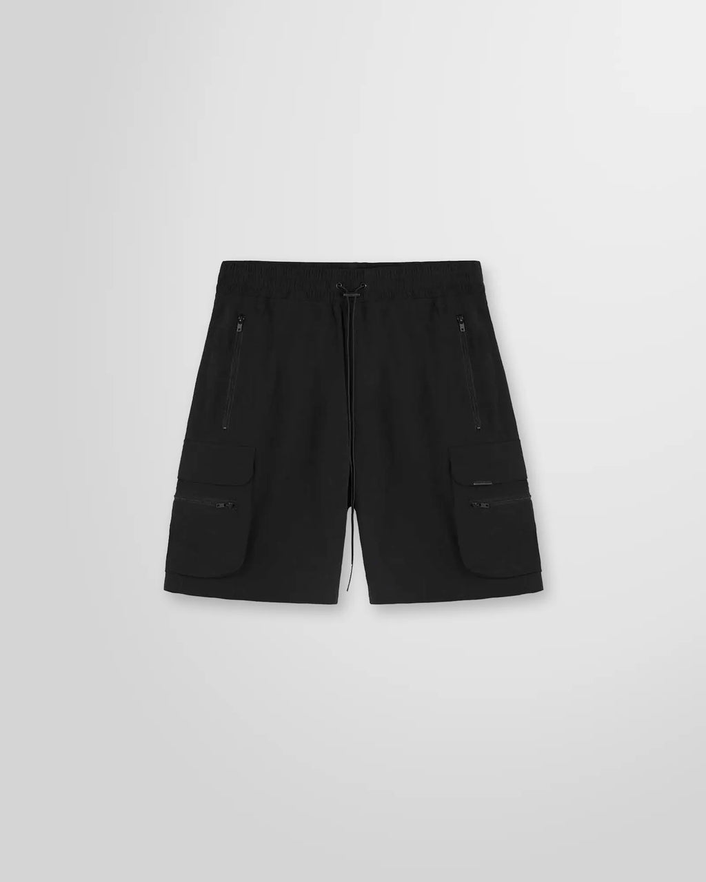 Front view of the black Represent 247 shorts, showing the technical fabric and front zip pockets.