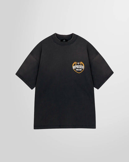 Front view of the Represent Angel Border T‑Shirt in Stained Black, boxy fit.