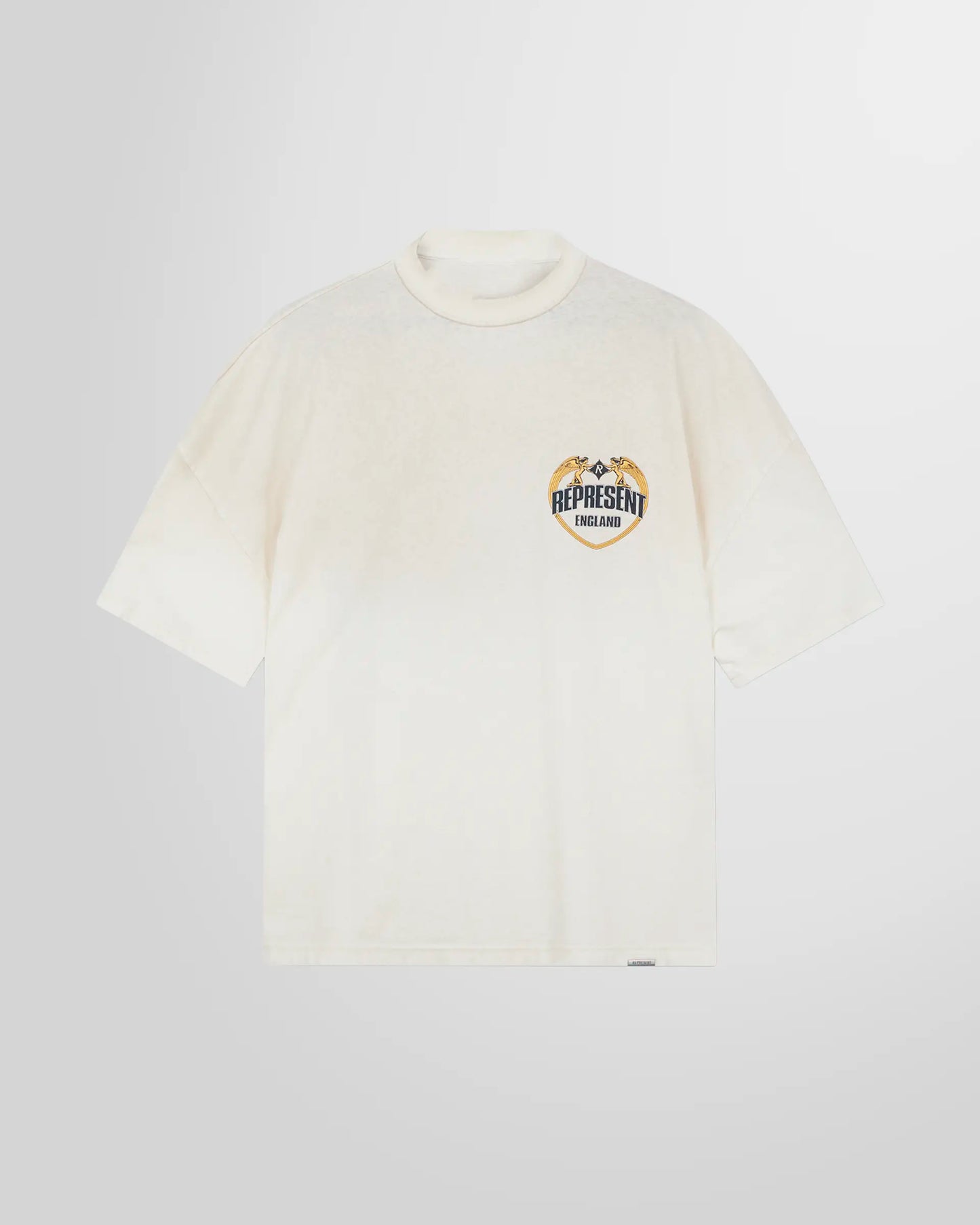 Front view of the Represent Angel Border T‑Shirt in Washed Ecru, boxy fit.