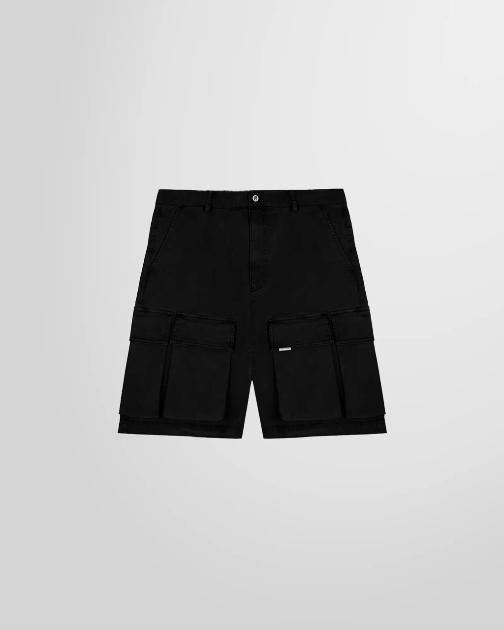Front view of the Represent Baggy Cargo Shorts in black, showcasing their relaxed, oversized fit.