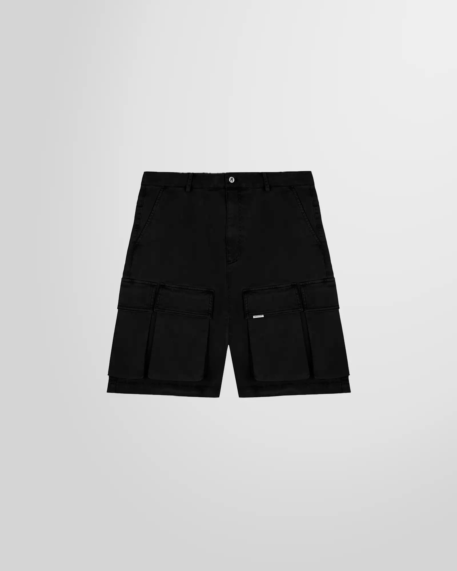 Front view of the Represent Baggy Cargo Shorts in black, showcasing their relaxed, oversized fit.