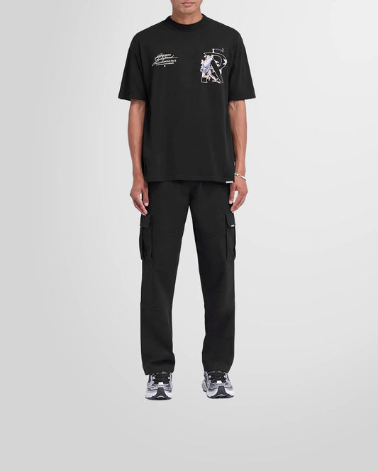 Front view of the Represent Cargo Pant in black on a model.