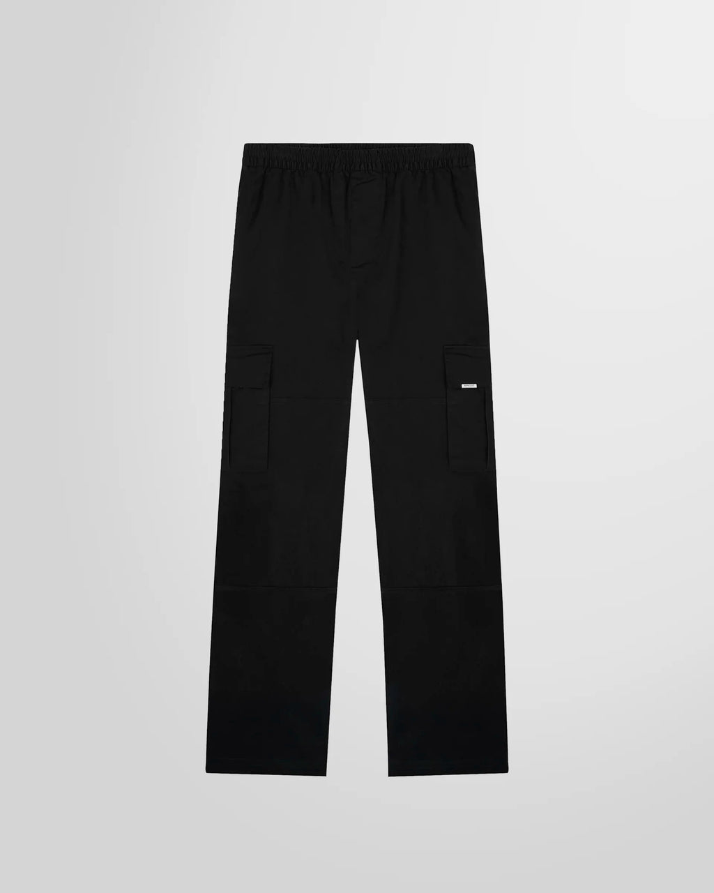 Front view of the Represent Cargo Pant in black, showing the slimmer regular fit.