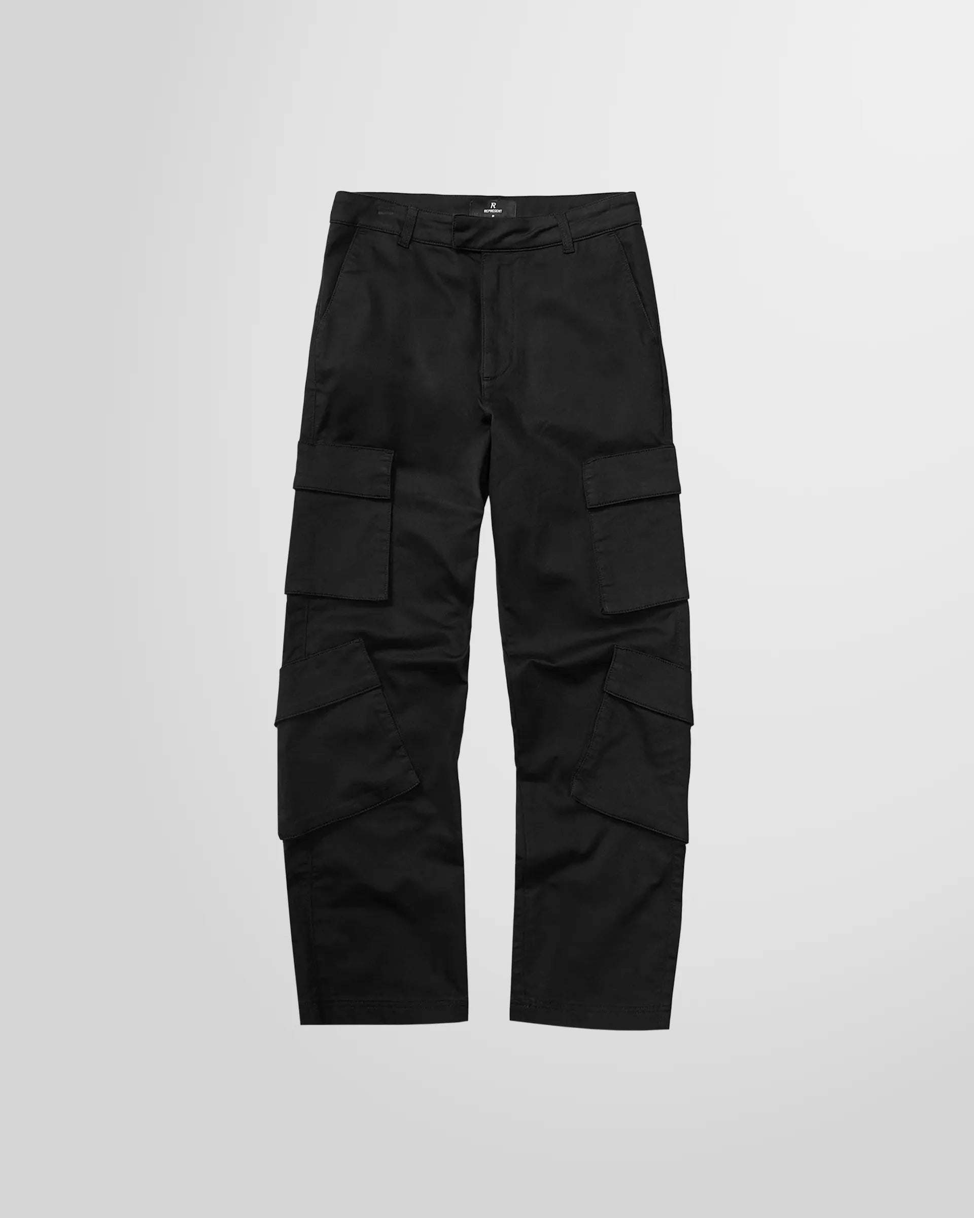 Front view of the Represent Cargo Pant in jet black, showing the silhouette and fit.