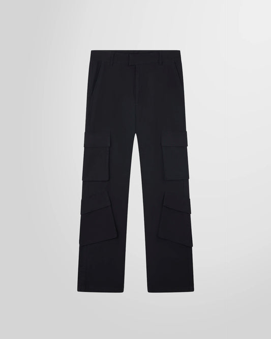 Front view of the Represent Cargo Pant in jet black, showing the silhouette and fit.