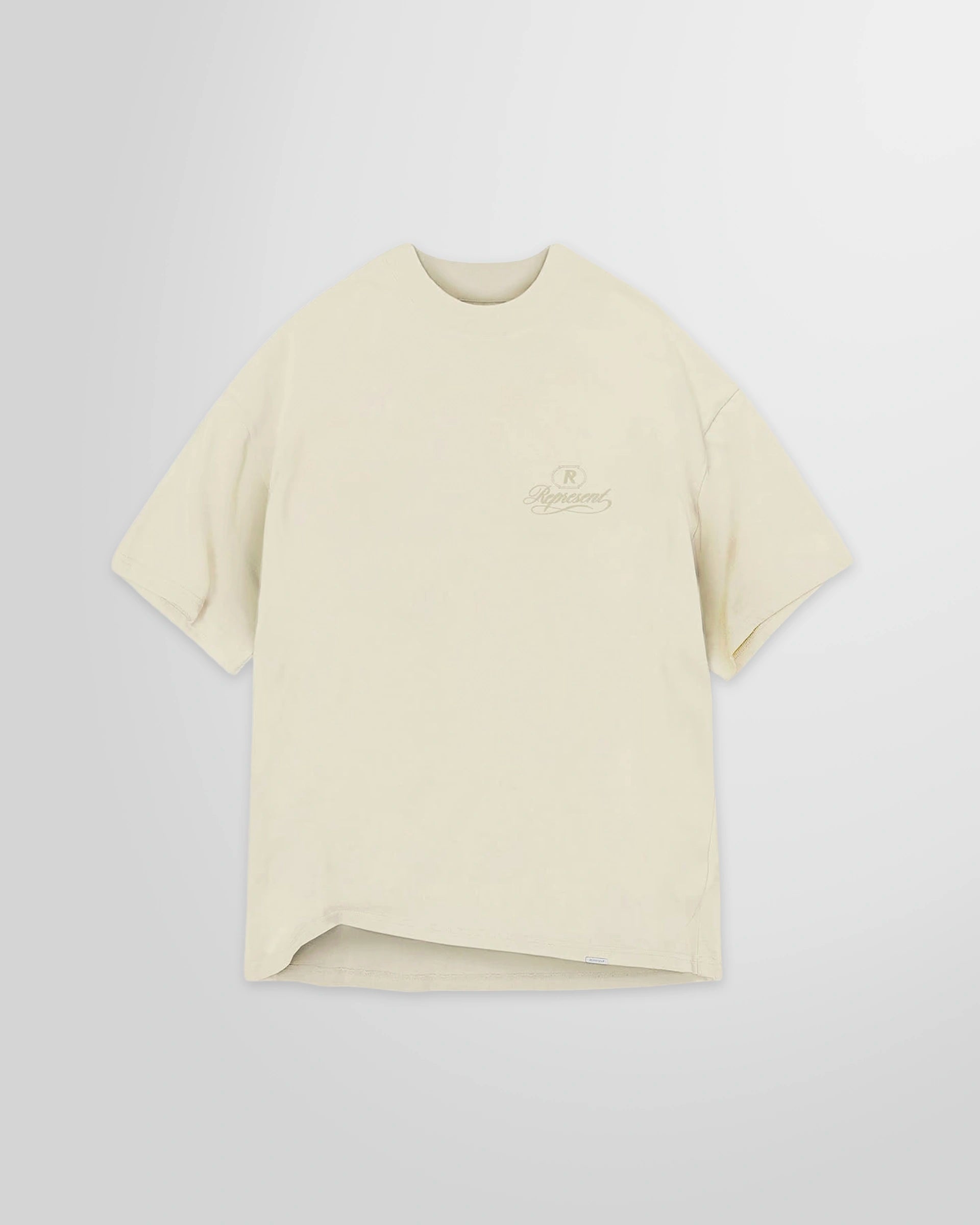 Front view of the Represent Grand Vintage T-Shirt in Champagne, showing the tonal 'Grand Cru' branding.