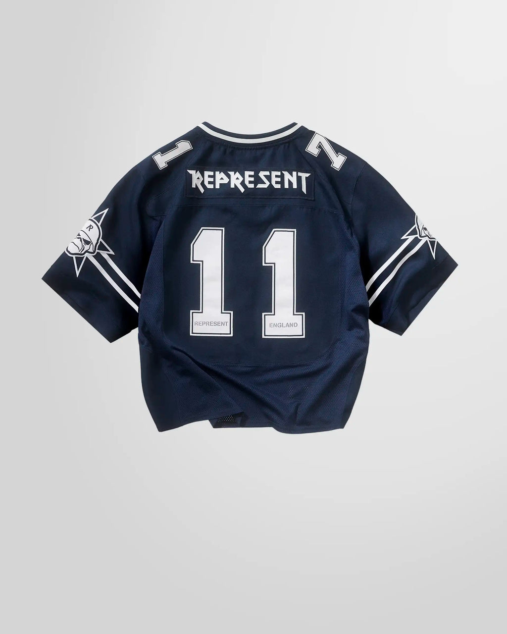 Back view of the Represent x Iron Maiden jersey, displaying the iconic band symbolism and oversized sleeve patches.