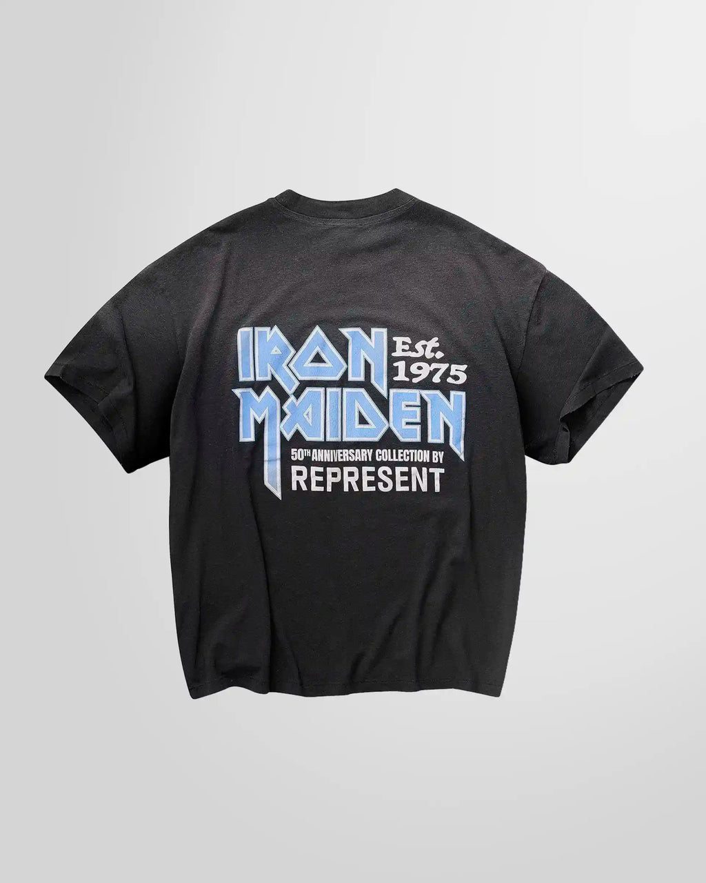 Back of the Represent x Iron Maiden anniversary t-shirt, displaying the rear graphic and oversized fit.