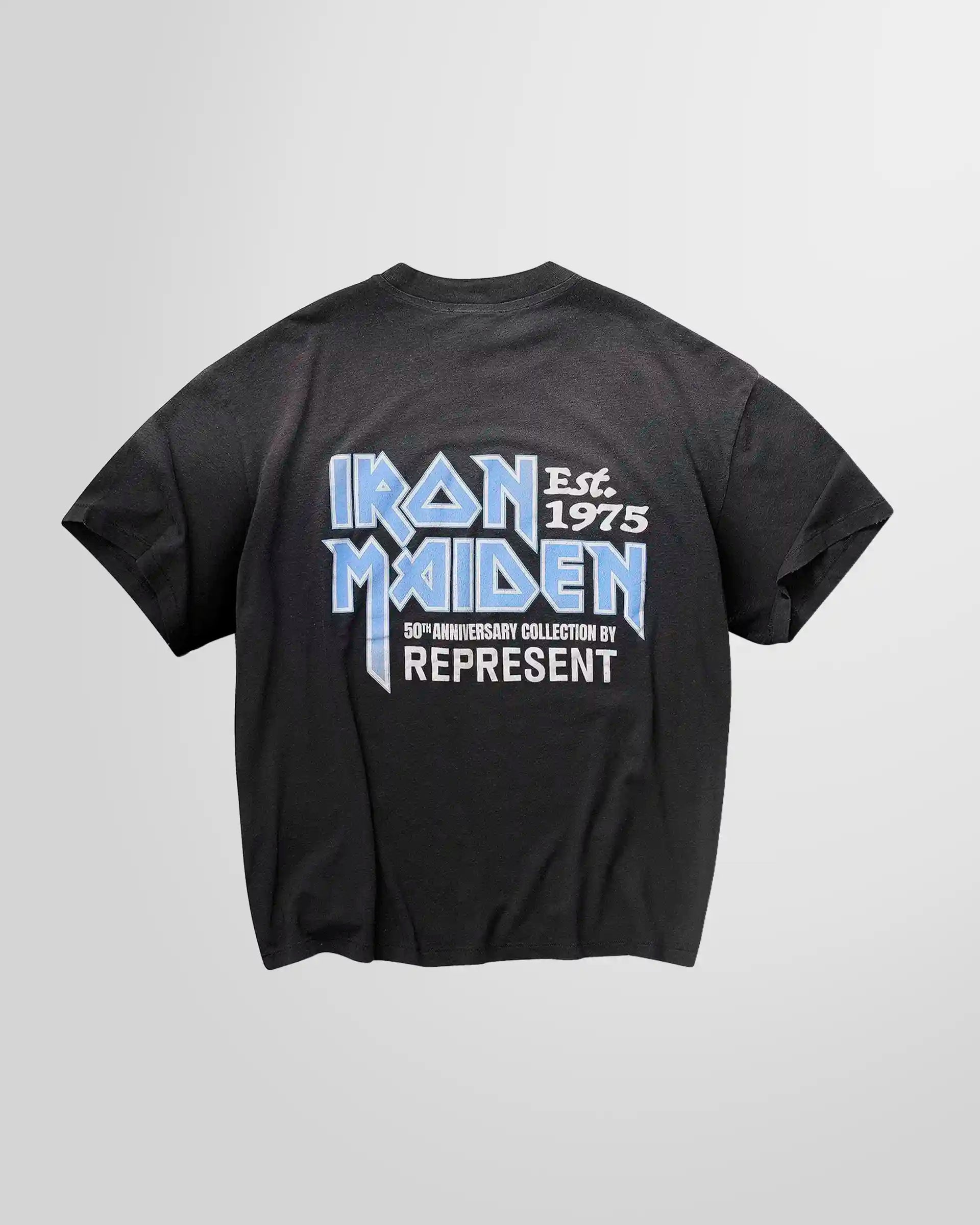 Back of the Represent x Iron Maiden anniversary t-shirt, displaying the rear graphic and oversized fit.
