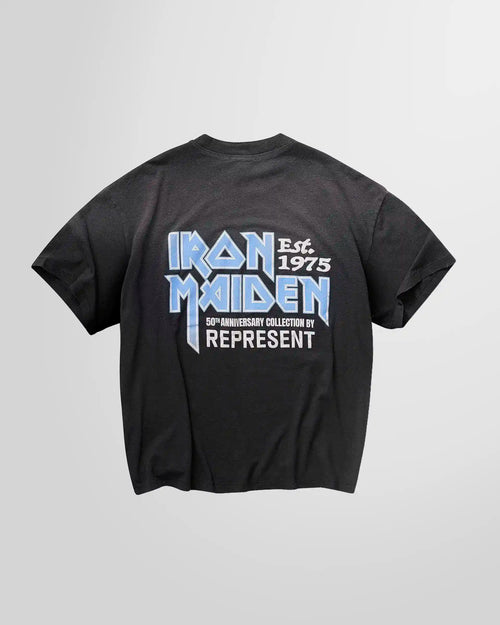 Back of the Represent x Iron Maiden anniversary t-shirt, displaying the rear graphic and oversized fit.