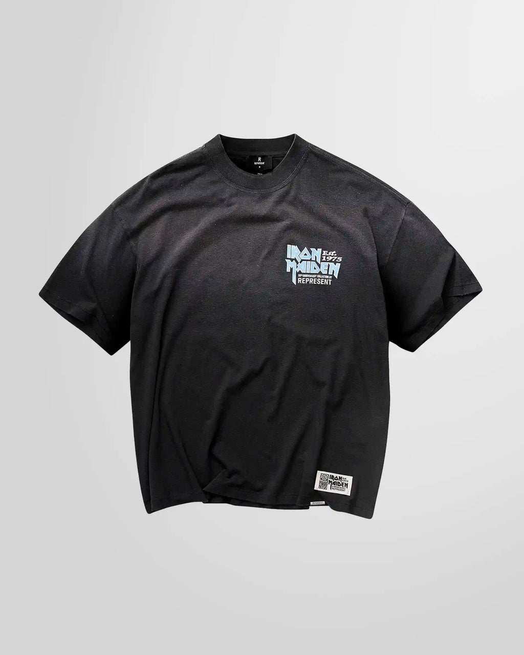 Front view of the Represent x Iron Maiden 50th Anniversary t-shirt in stained black, showing the main crack-print graphic.