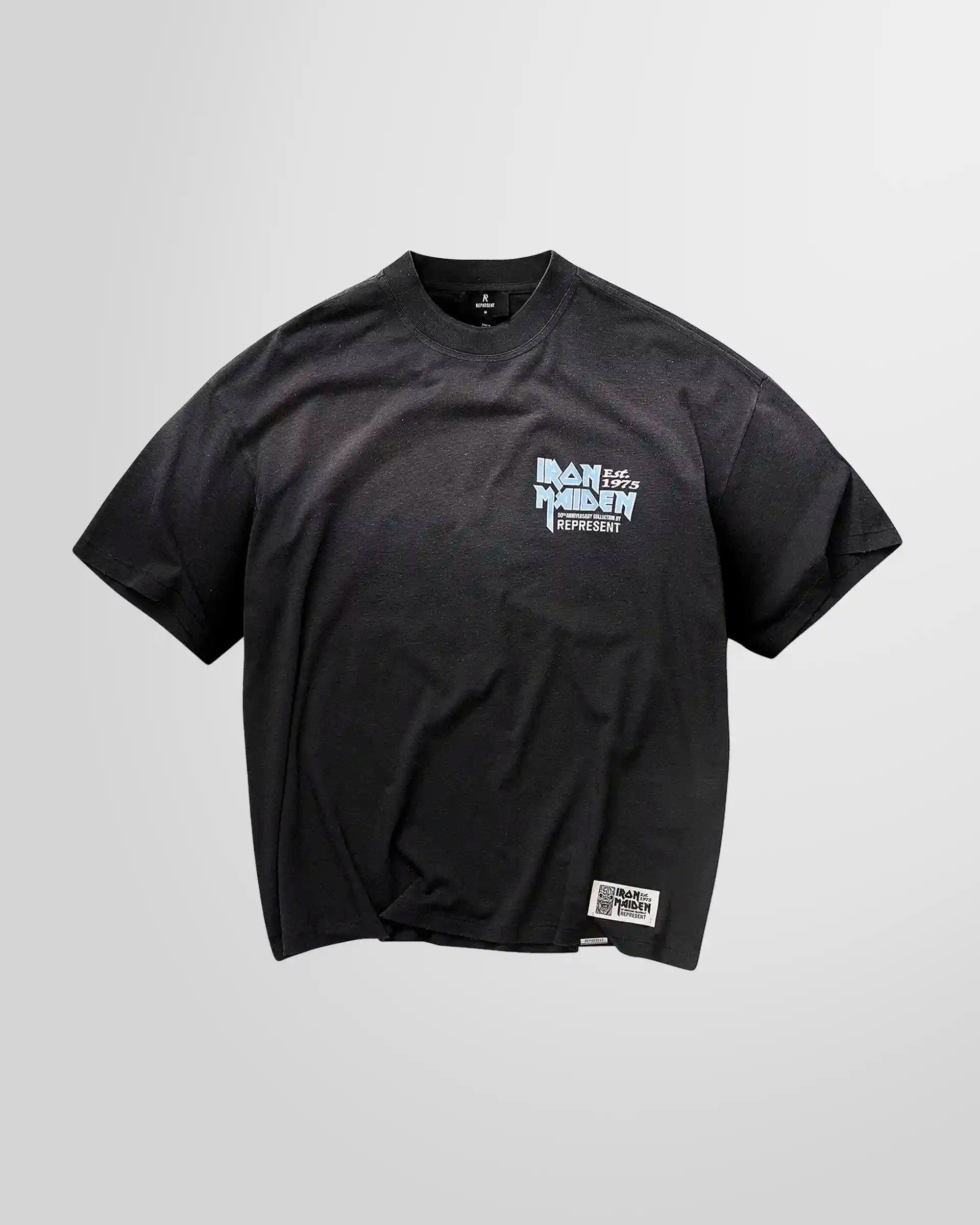 Front view of the Represent x Iron Maiden 50th Anniversary t-shirt in stained black, showing the main crack-print graphic.