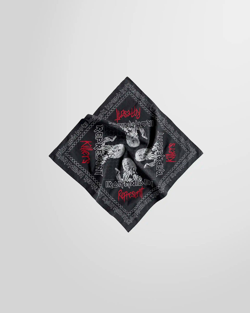 The Represent x Iron Maiden Killers bandana laid flat, showing the full chain and logo graphic on jet black cotton.