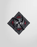 The Represent x Iron Maiden Killers bandana laid flat, showing the full chain and logo graphic on jet black cotton.
