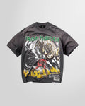 Front view of the Represent x Iron Maiden Number of the Beast t-shirt in sunfade grey, showing the iconic album artwork.