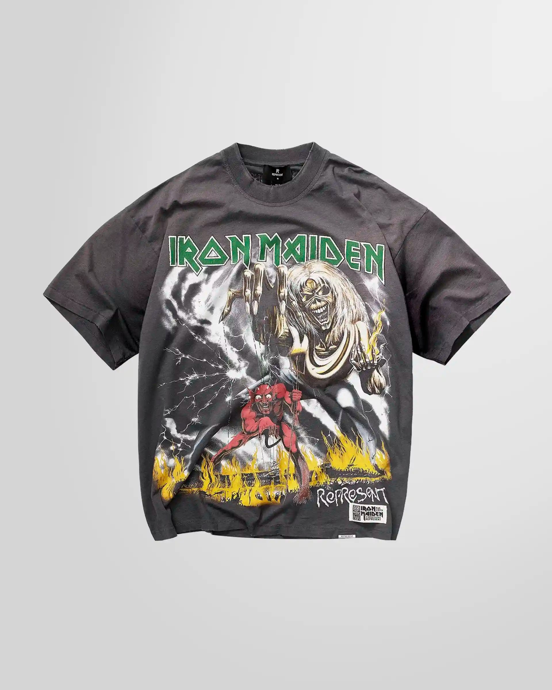 Front view of the Represent x Iron Maiden Number of the Beast t-shirt in sunfade grey, showing the iconic album artwork.