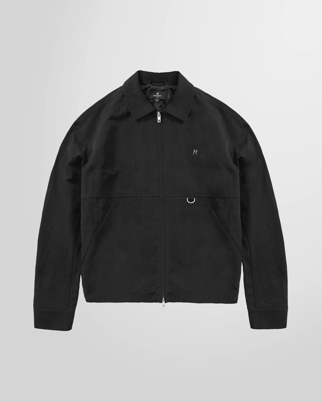 Represent Nylon Overshirt Jet Black – flat lay front view, zip-through closure and R logo