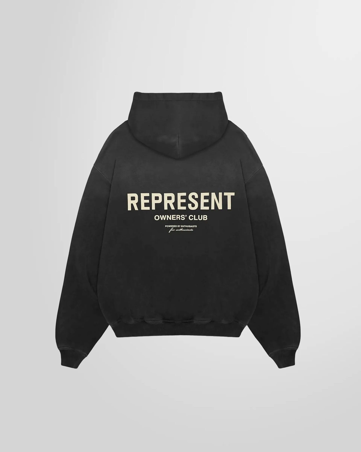 Back of the aged black Represent Owners' Club Hoodie, displaying the large graphic print.